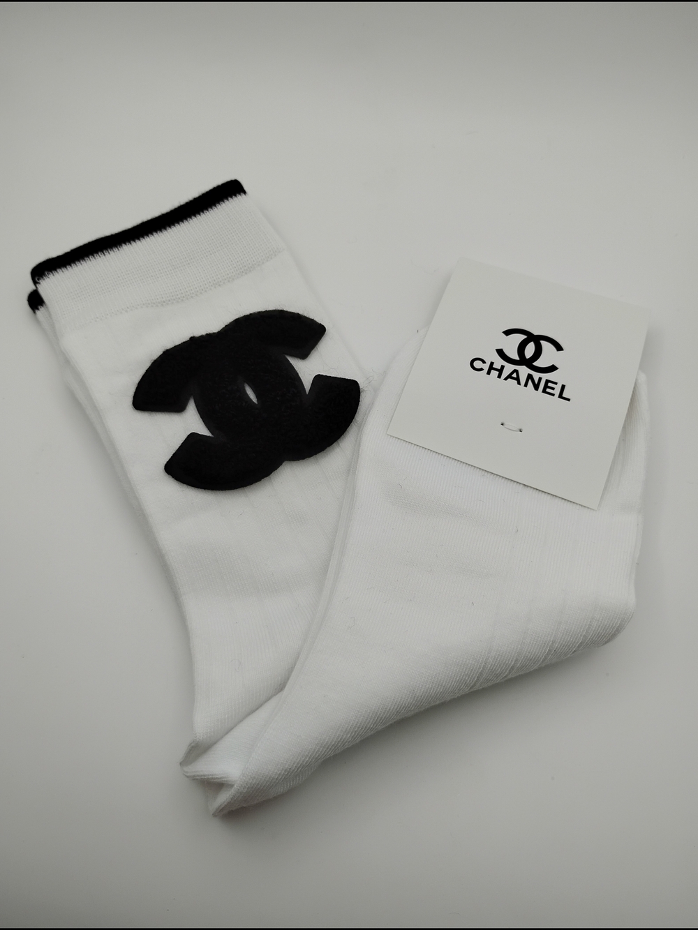 CHANEL White Crew Socks with Black Logo Accent - Picture 3 of 3